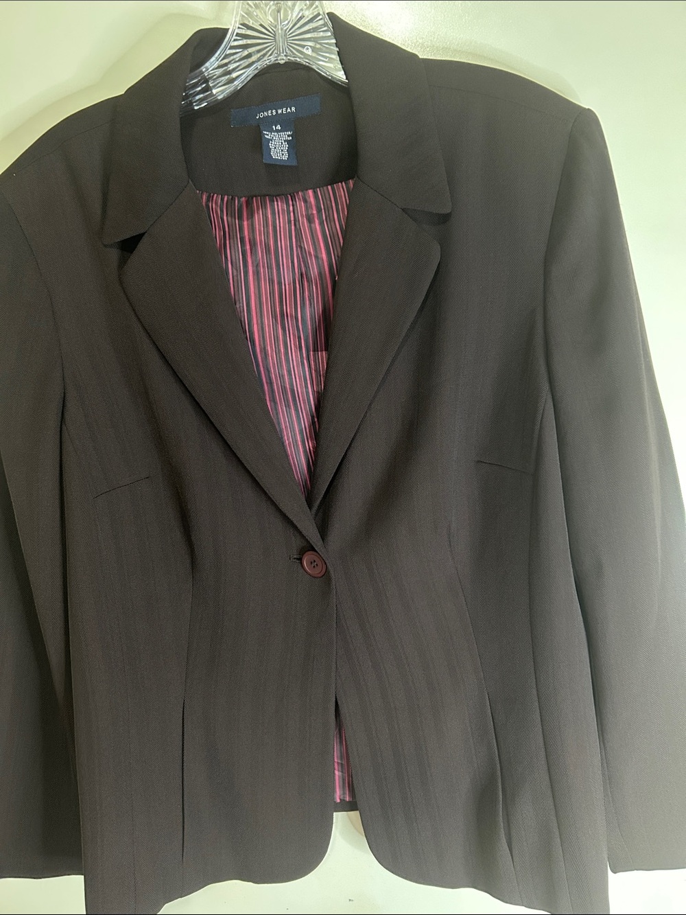 Jones Wear Dk Brown Single-Button Suit Jacket with Pink-Striped Lining